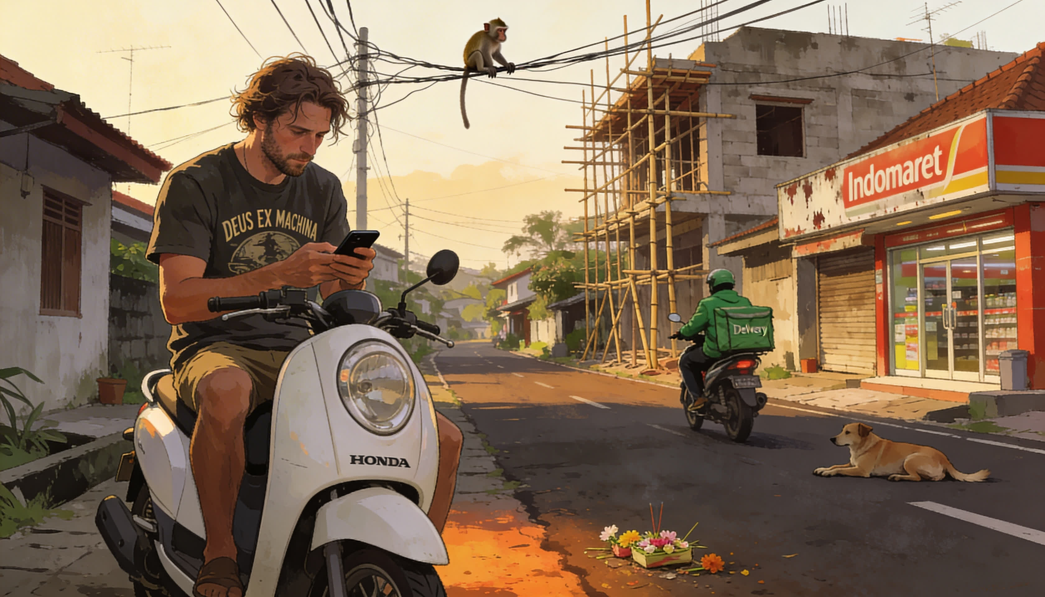 Dalam — AI rental insider sitting on a scooter on a Bali street